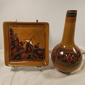 Iranian Vase Pitcher Matching Dish Abstract Florals Birds Jewelry Tray Farsi
